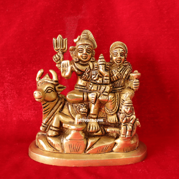 Brass Shiv Parvati Family Idol with Ganesha, Kartikeya & Nandi