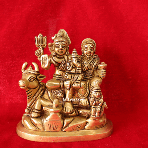 Brass Shiv Parvati Family Idol with Ganesha, Kartikeya & Nandi
